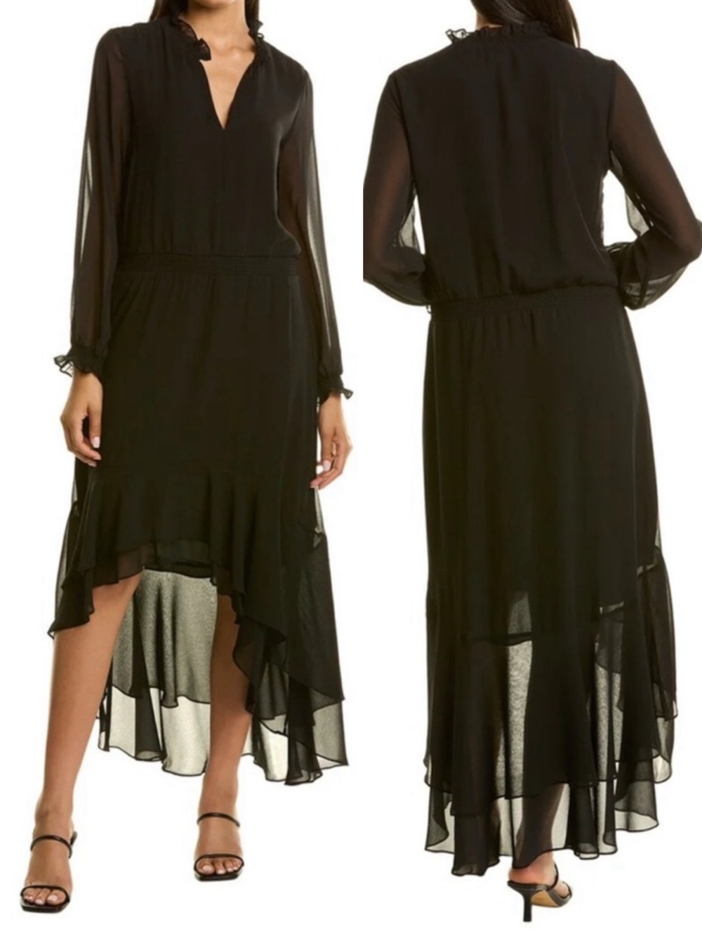 1.STATE Black Asymmetrical Ruffled Hem Long Sleeve Dress